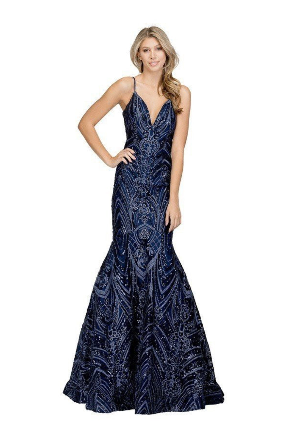 Chicas XH5008 Mermaid Spaghetti-Strap Floor-Length Corset Sequin Strappy Fabric Dress