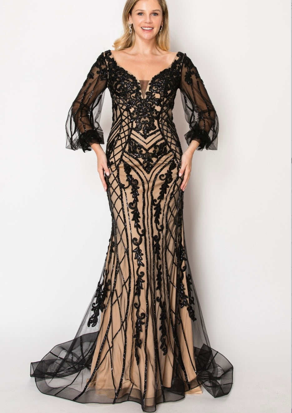 Chicas C339 Evening Black Mermaid Long Sequin Fabric Dress