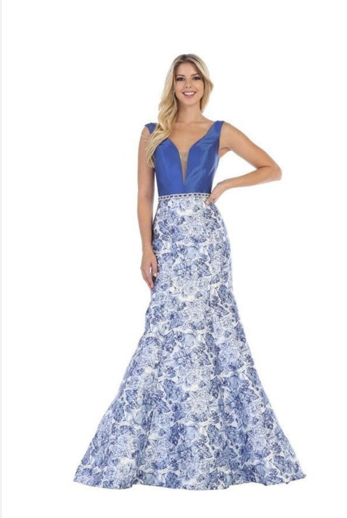 Chicas XH5004 Printed Blue V-Neck Floral Floor-Length Satin Dress