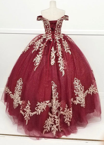 Chicas HF3008 Glitter Quinceañera Burgundy BallDress Tulle Dress