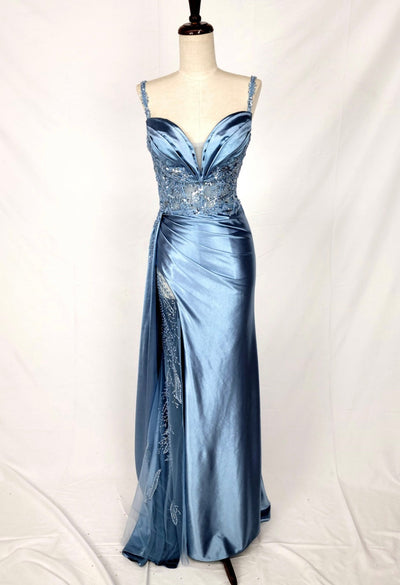 Chicas C342 Evening Blue Illusion Floor-Length High-Slit Satin Dress