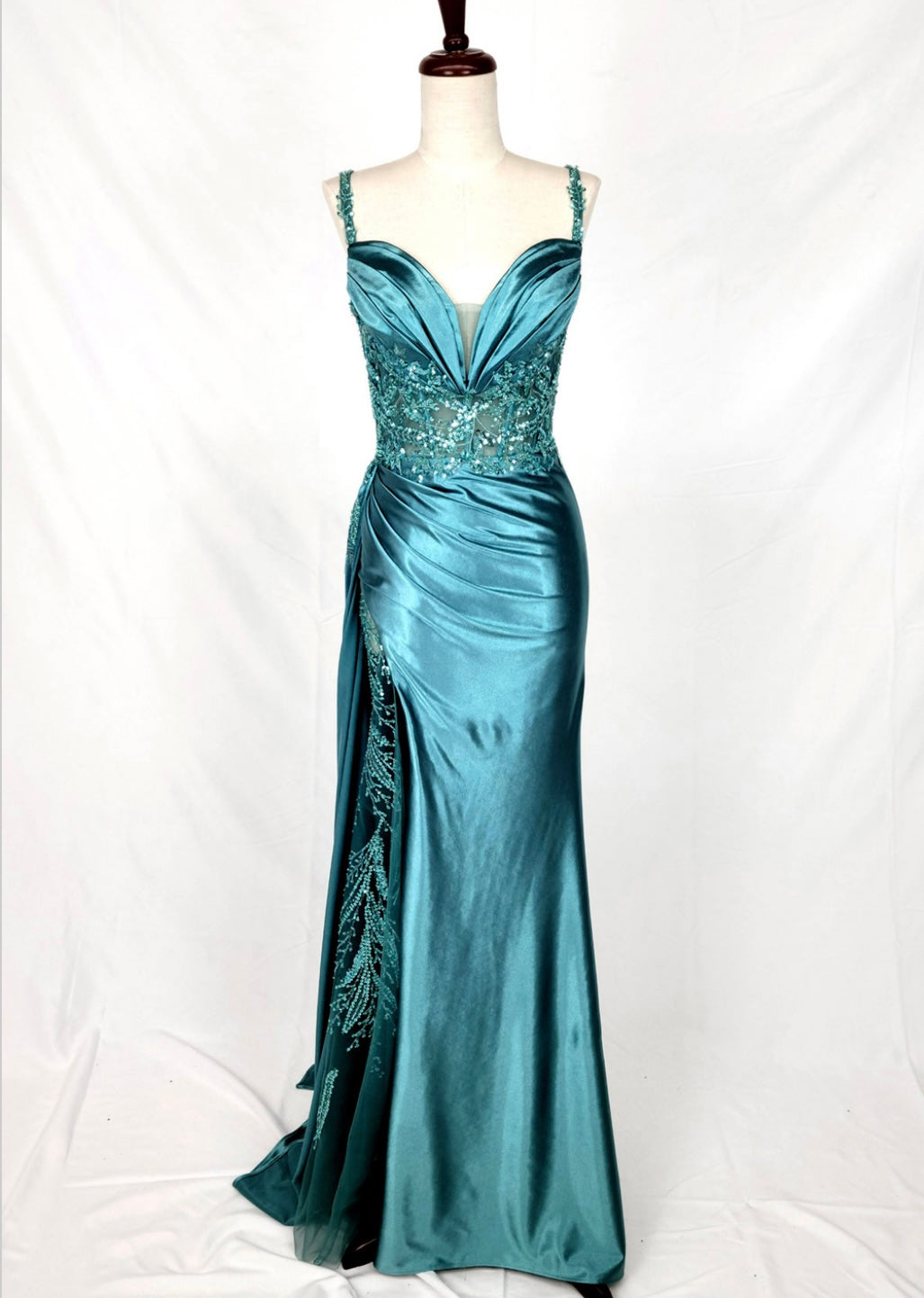 Chicas C342 Evening Blue Illusion Floor-Length High-Slit Satin Dress
