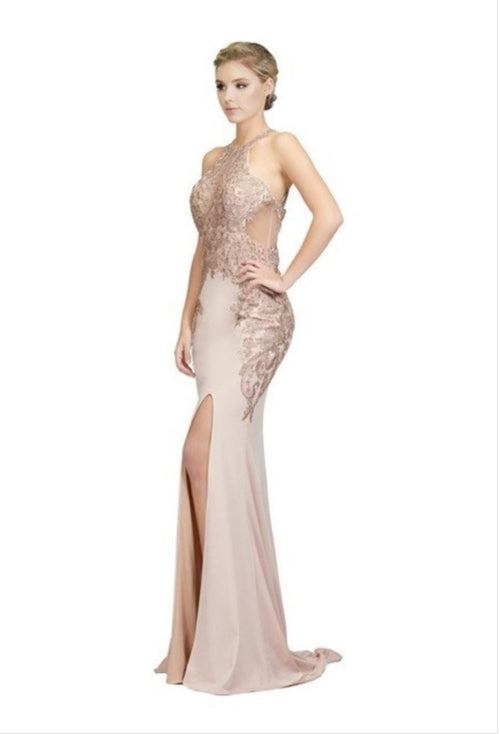 Chicas C1541 Halter Short High-Slit Chic Style Fabric Dress