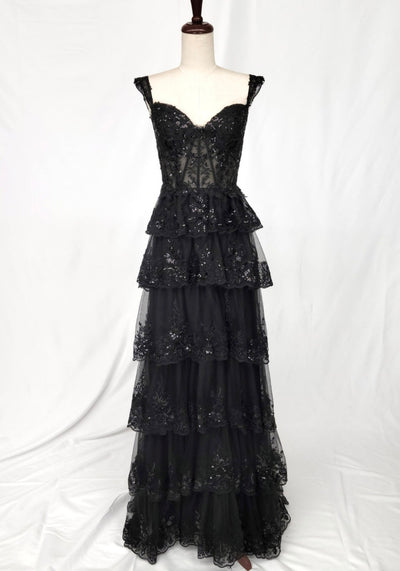 Chicas C2433 Romantic Printed Evening Black Floral Floor-Length Lace Dress