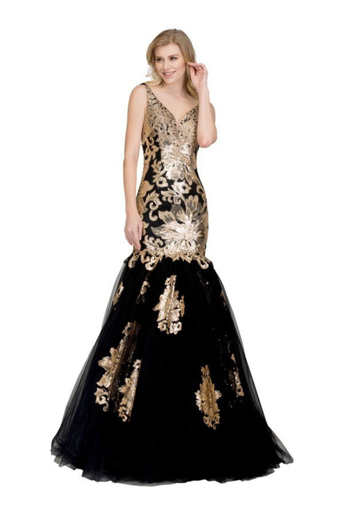 Chicas DR7009 V-Neck Floor-Length Sequin Formal Style Fabric Dress