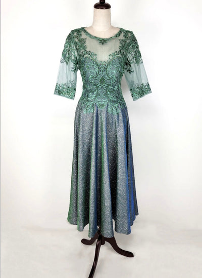 Chicas J016 Elegant Metallic Glitter Bridal Green A-Line Lace Dress