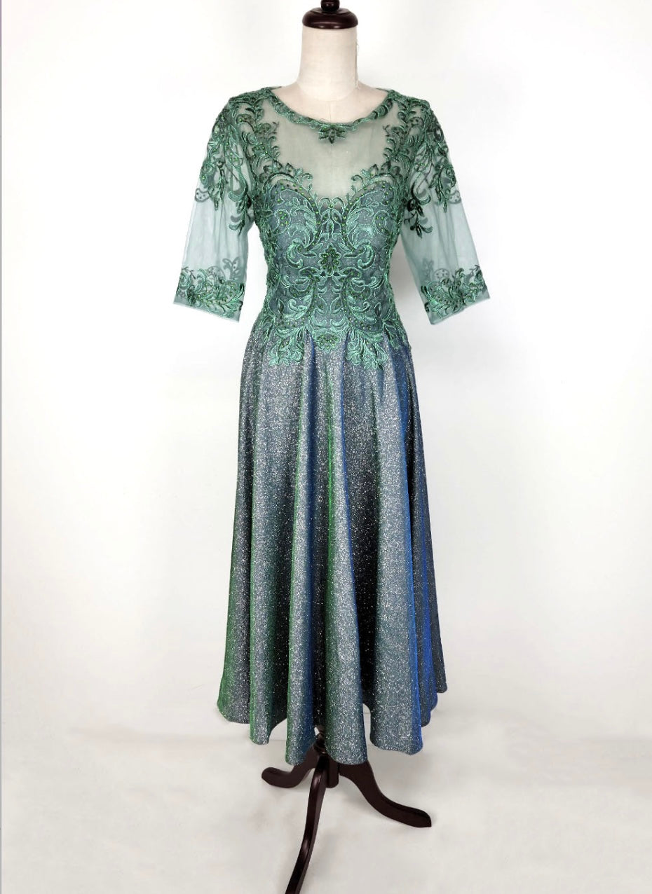 Chicas J016 Elegant Metallic Glitter Bridal Green A-Line Lace Dress