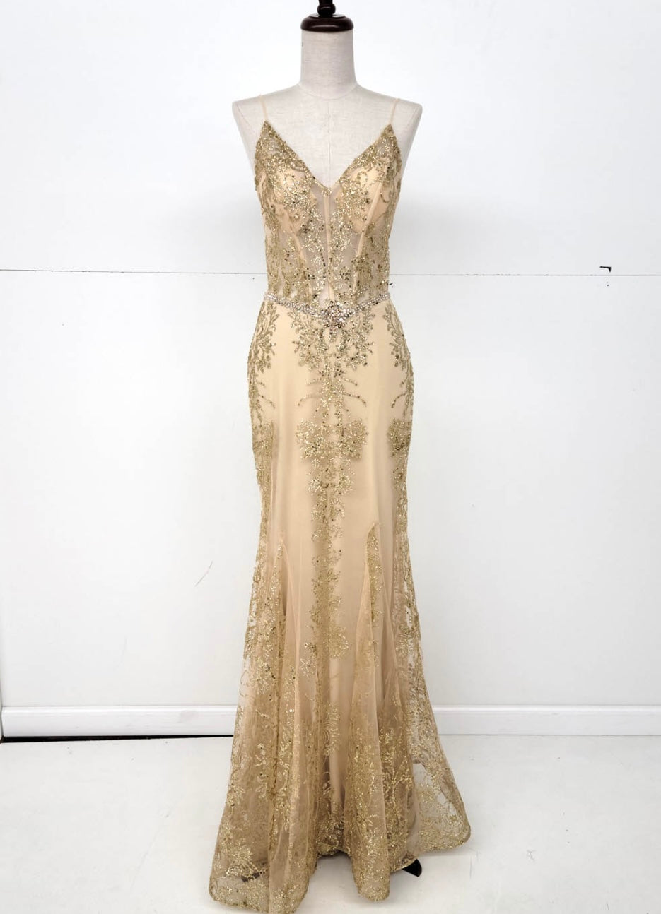 Chicas 4030 Evening Gold Spaghetti-Strap Sequin Fabric Dress