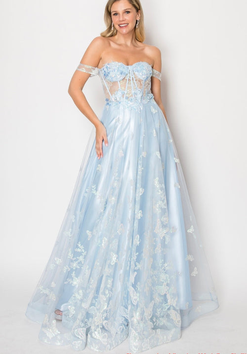 Chicas C822 Romantic Printed Prom Blue A-Line Butterfly Tulle Dress