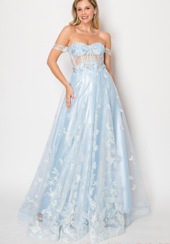 Chicas C822 Romantic Printed Prom Blue A-Line Butterfly Tulle Dress