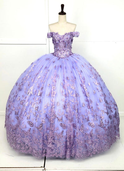 Chicas HF3103 Printed Glitter Lilac BallDress Butterfly Floral Tulle Dress