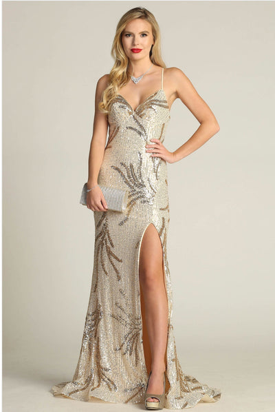 Chicas C316 Prom Maxi High-Slit Sequin Strappy Style Fabric Dress