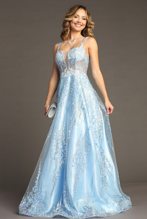 Chicas C821 Floor-Length Elegant Evening Blue Long Style Fabric Dress