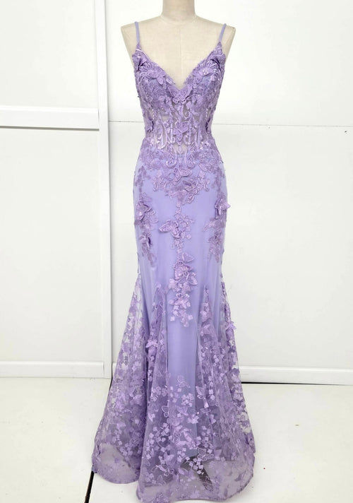 Chicas C816 Romantic Printed Prom Lilac Mermaid Spaghetti-Strap Tulle Dress