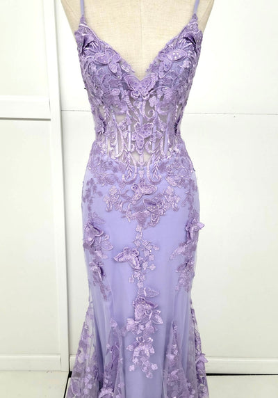 Chicas C816 Romantic Printed Prom Lilac Mermaid Spaghetti-Strap Tulle Dress