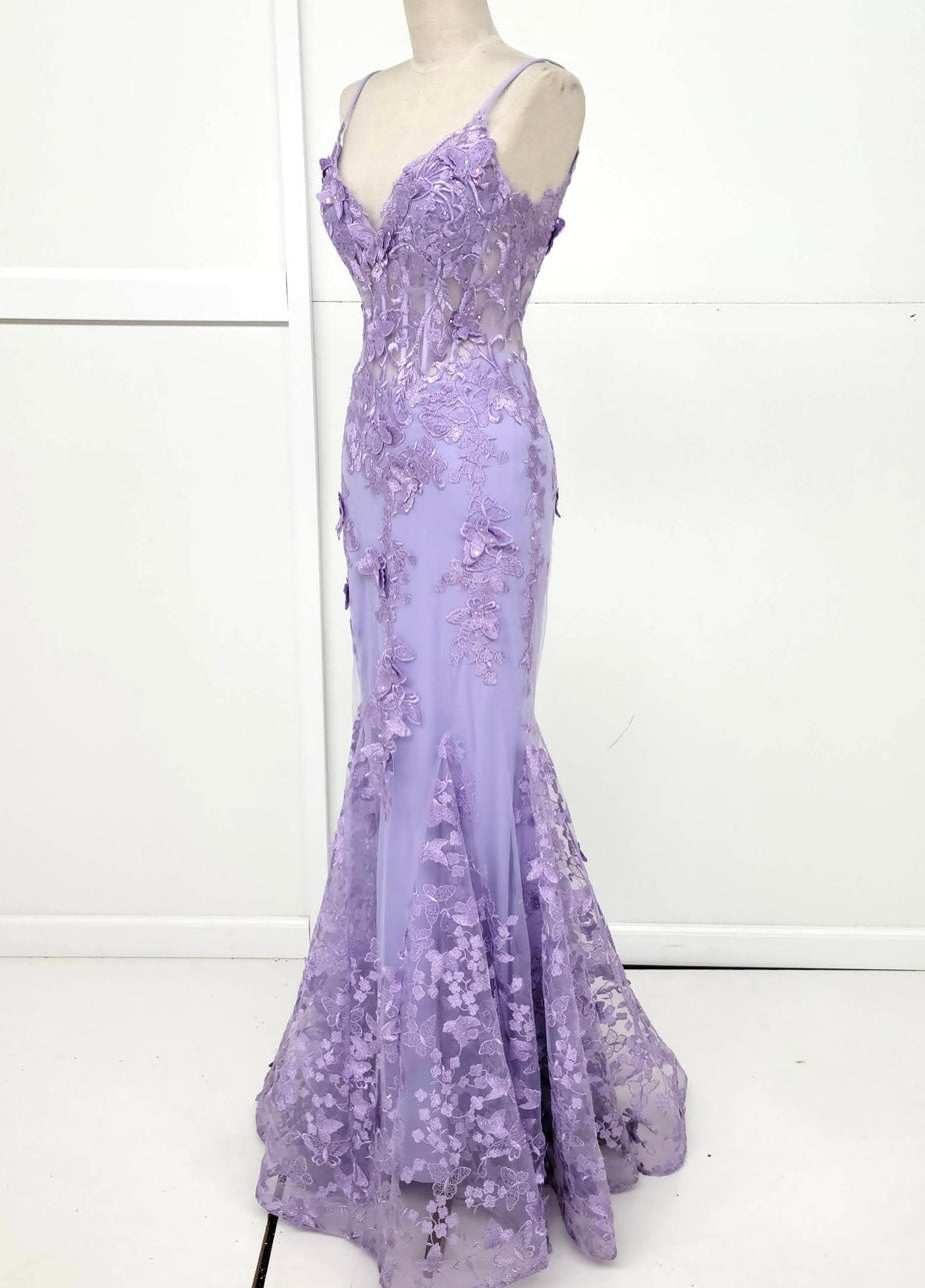 Chicas C816 Romantic Printed Prom Lilac Mermaid Spaghetti-Strap Tulle Dress