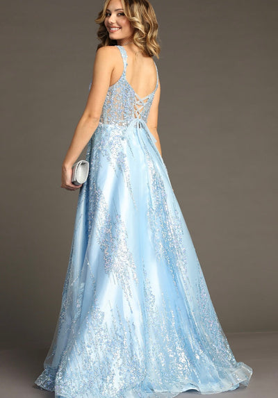 Chicas C821 Modern Printed Prom Blue A-Line Illusion Lace Dress