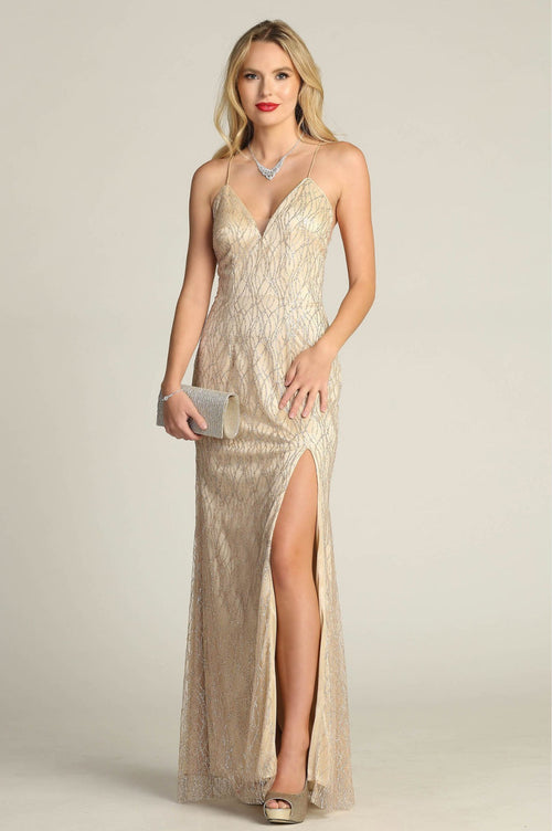 Chicas 4023 Long V-Neck Floor-Length High-Slit Formal Fabric Dress