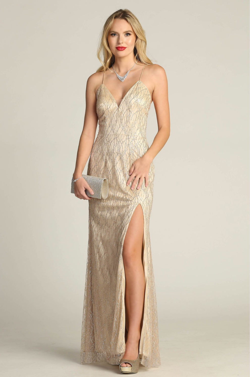 Chicas 4023 Long V-Neck Floor-Length High-Slit Formal Fabric Dress