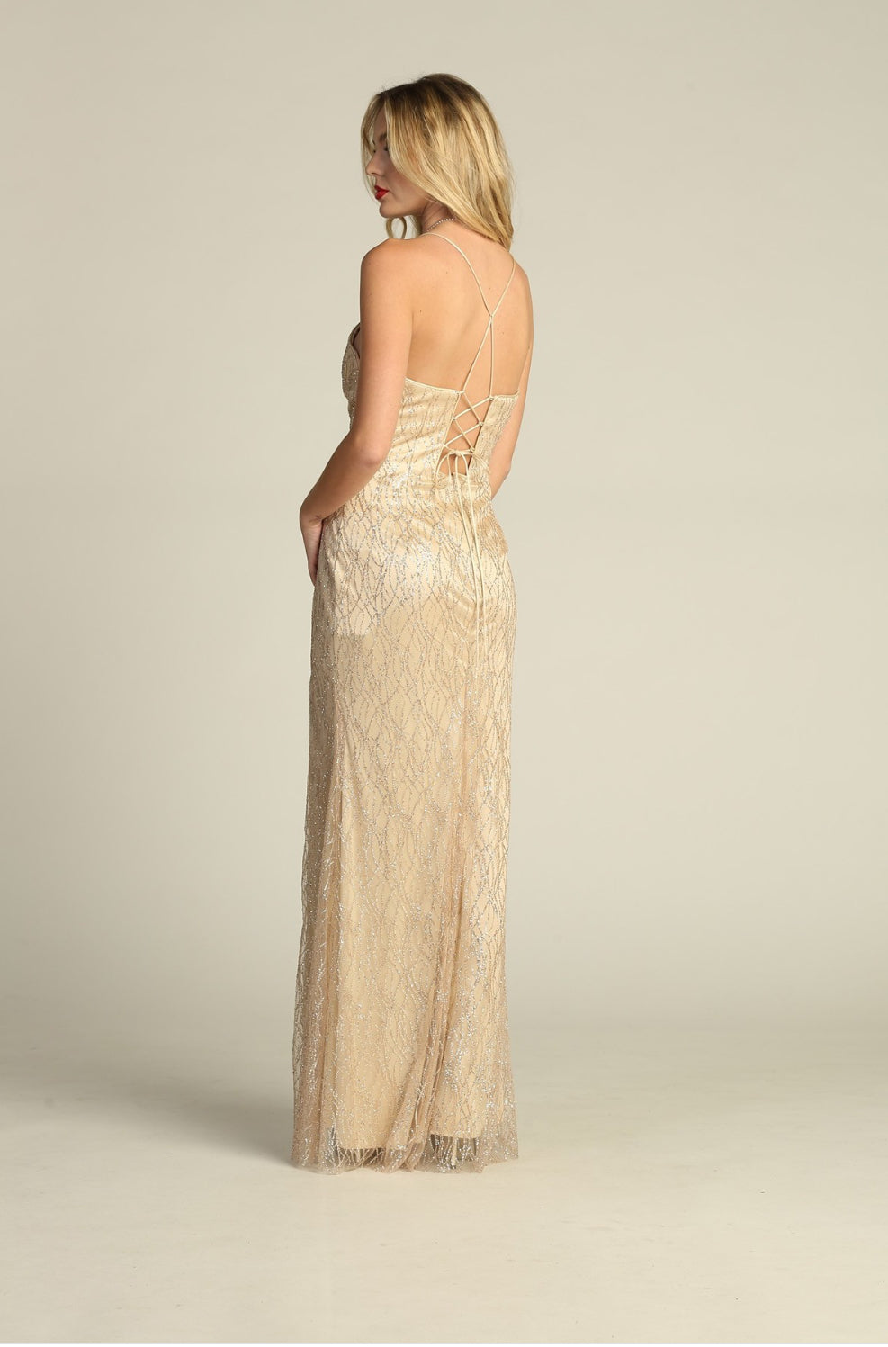Chicas 4023 Long V-Neck Floor-Length High-Slit Formal Fabric Dress