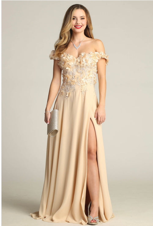 Chicas CH3059 Off-Shoulder Floral Long High-Slit Style Fabric Dress