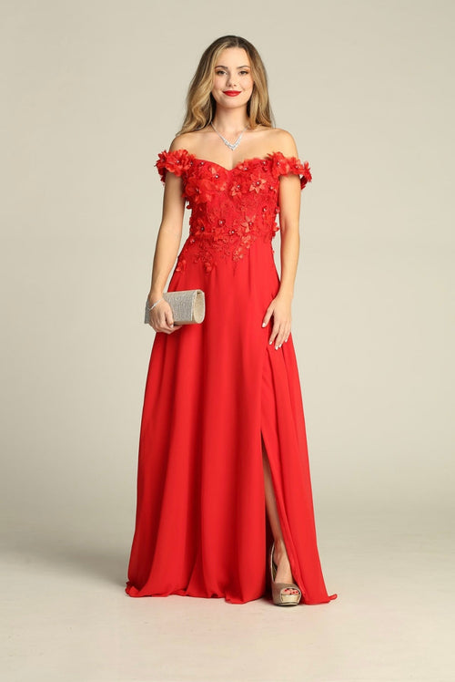 Chicas CH3059 Off-Shoulder Floral Long High-Slit Style Fabric Dress