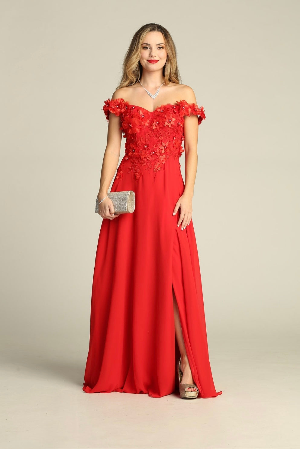 Chicas CH3059 Off-Shoulder Floral Long High-Slit Style Fabric Dress