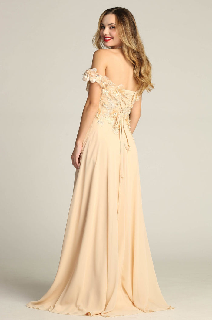 Chicas CH3059 Off-Shoulder Floral Long High-Slit Style Fabric Dress