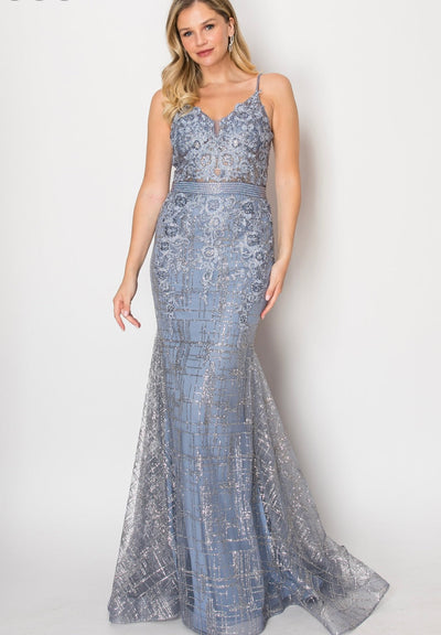Chicas DM4029 Modern Printed Prom Blue Spaghetti-Strap Floral Fabric Dress