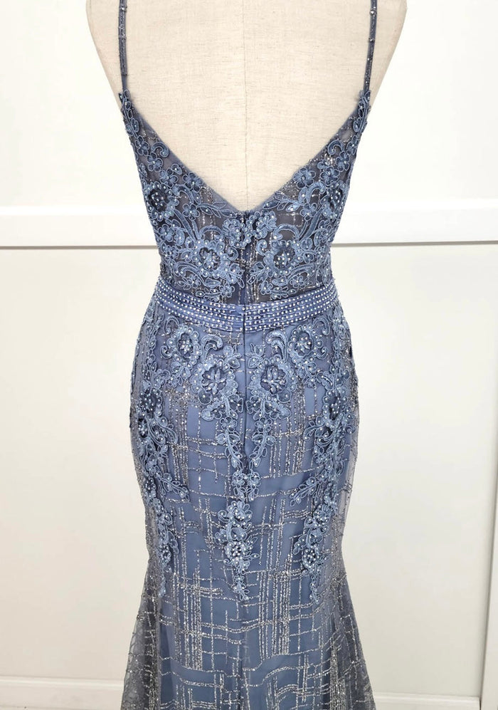 Chicas DM4029 Modern Printed Prom Blue Spaghetti-Strap Floral Fabric Dress