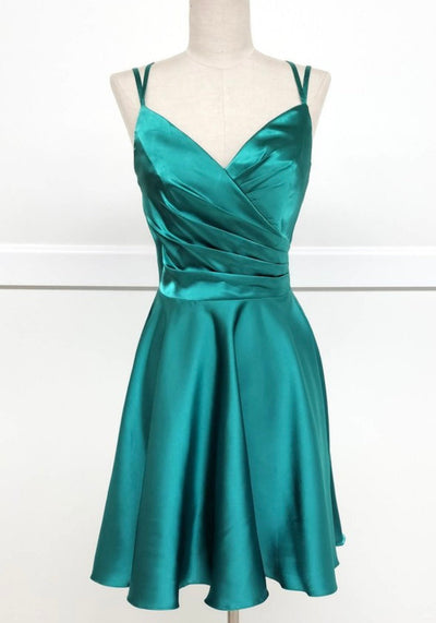 Chicas J013 Cocktail Royal A-Line Spaghetti-Strap Short Pleated Satin Dress