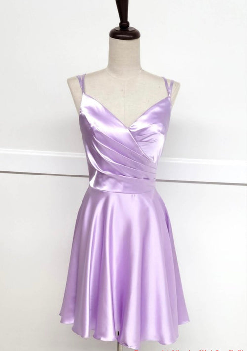 Chicas J013 Cocktail Royal A-Line Spaghetti-Strap Short Pleated Satin Dress
