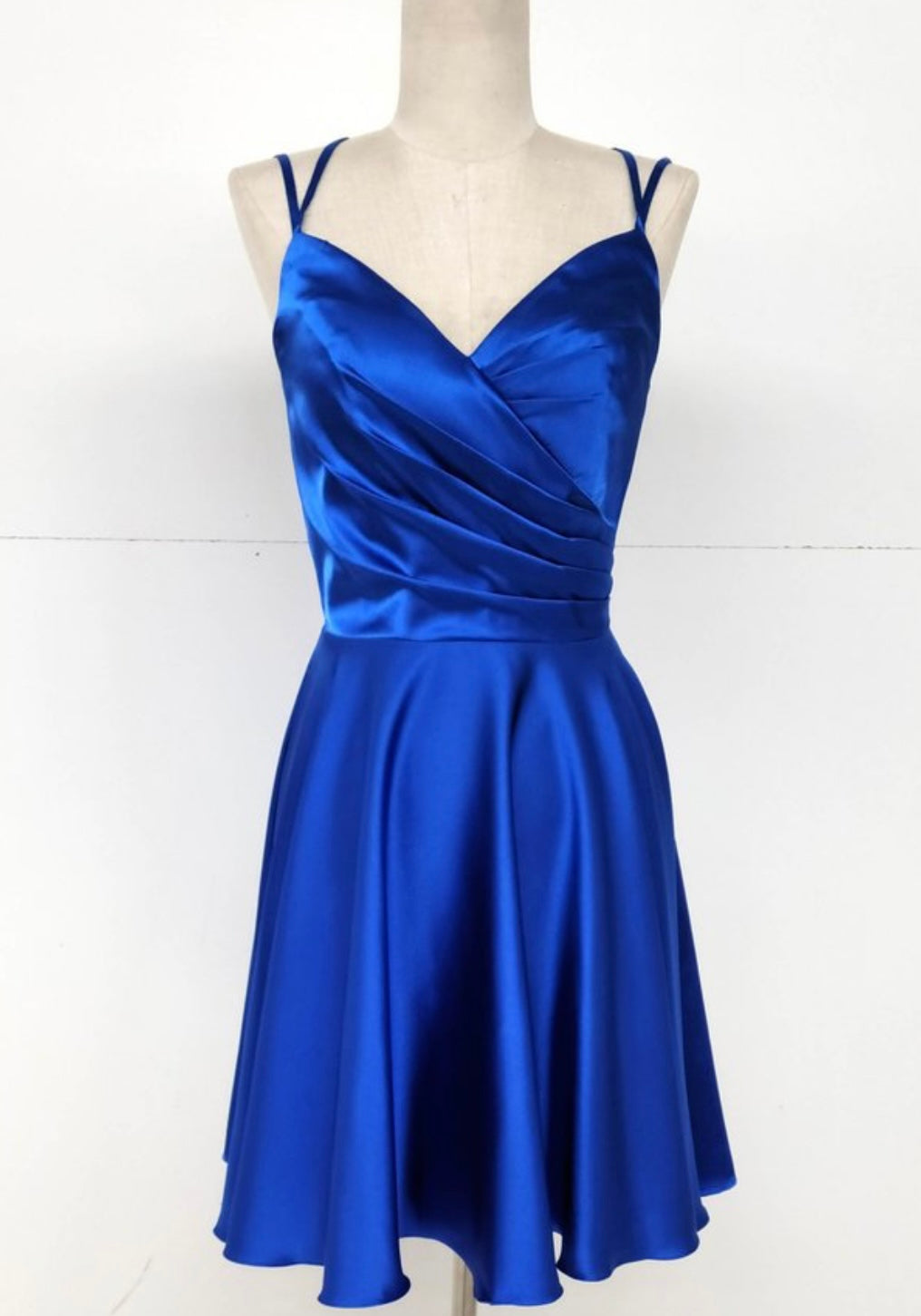 Chicas J013 Cocktail Royal A-Line Spaghetti-Strap Short Pleated Satin Dress