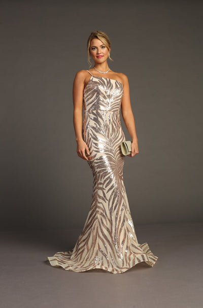 Chicas C823 Metallic Mermaid One-Shoulder Sequin Strappy Fabric Dress