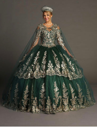 Chicas HF3083 Elegant Royal BallDress Floor-Length Embroidered Cape Tulle Dress