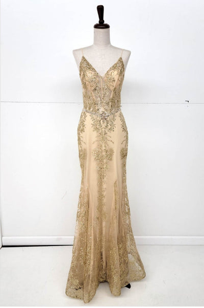 Chicas 4030 Long Mermaid Maxi Beaded Sequin Strappy Fabric Dress