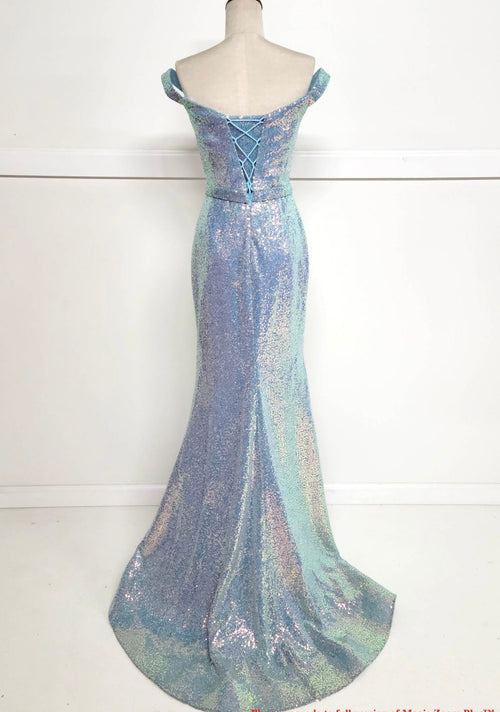 Chicas C324 Glitter Prom Blue Illusion Floor-Length High-Slit Fabric Dress