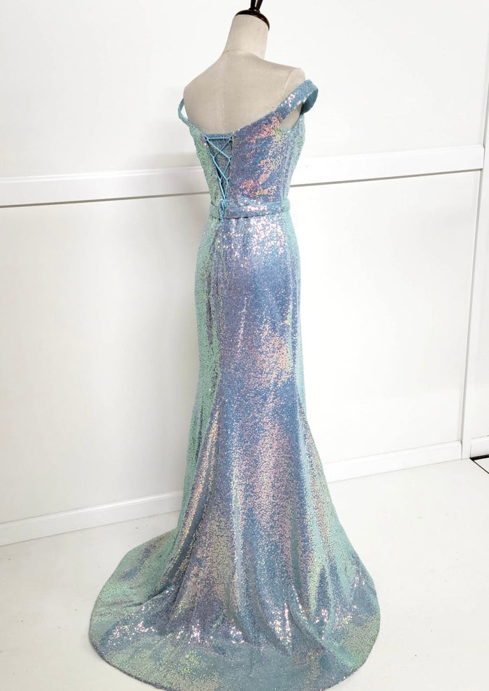 Chicas C324 Glitter Prom Blue Illusion Floor-Length High-Slit Fabric Dress