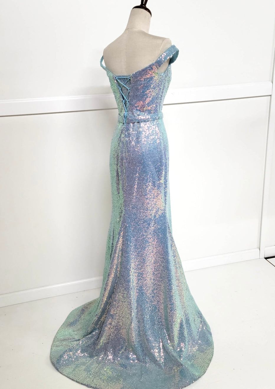 Chicas C324 Glitter Prom Blue Illusion Floor-Length High-Slit Fabric Dress