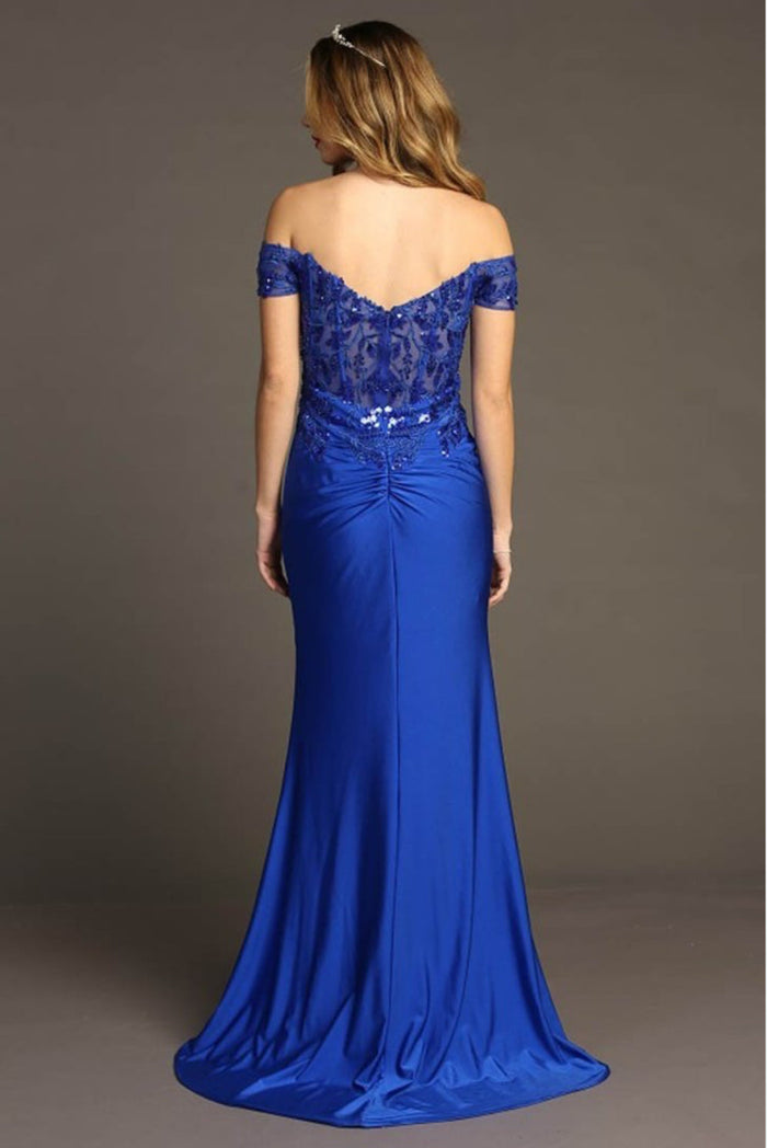 Chicas YG5027 Off-Shoulder Floor-Length High-Slit Formal Fabric Dress