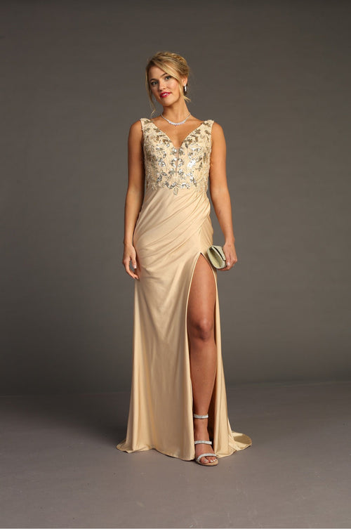 Chicas YG5032 V-Neck Floor-Length High-Slit Sequin Style Fabric Dress