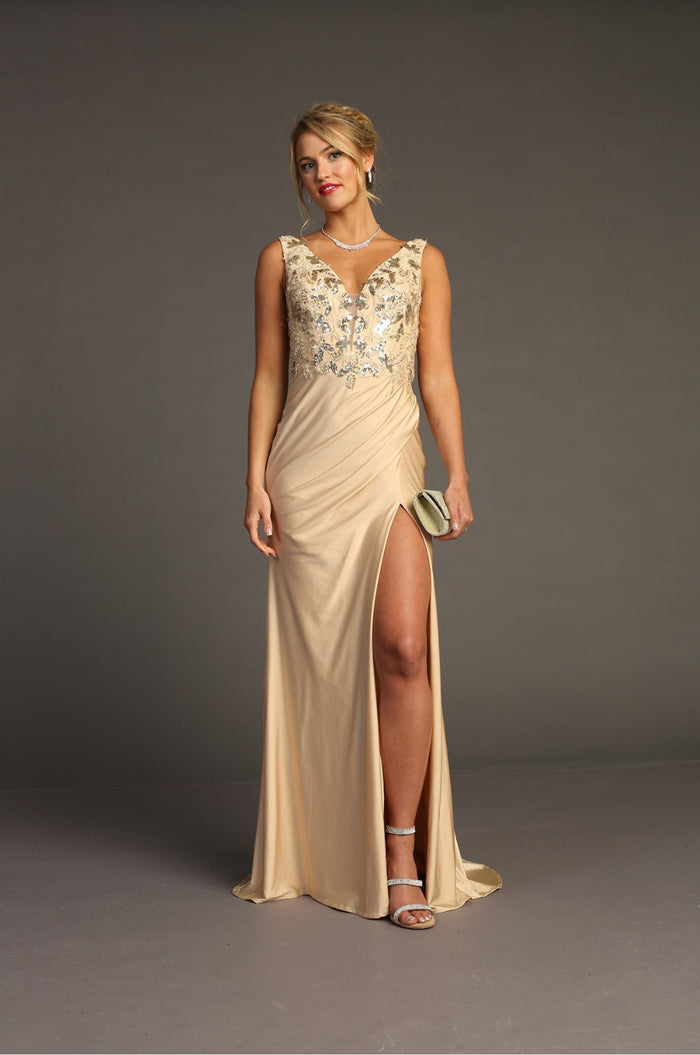 Chicas YG5032 V-Neck Floor-Length High-Slit Sequin Style Fabric Dress