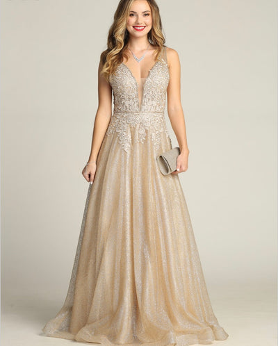 Chicas C2425 Glitter Prom Champagne A-Line Illusion Lace Dress