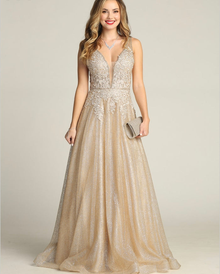 Chicas C2425 Glitter Prom Champagne A-Line Illusion Lace Dress