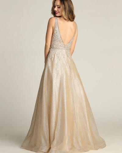 Chicas C2425 Glitter Prom Champagne A-Line Illusion Lace Dress