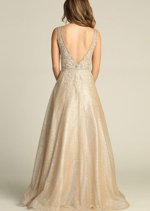 Chicas C2425 Glitter Prom Champagne A-Line Illusion Lace Dress