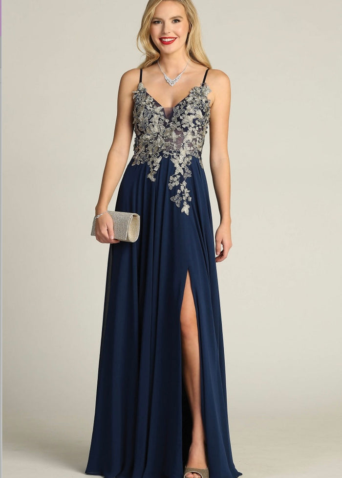 Chicas C5124 Printed Prom Navy A-Line Spaghetti-Strap Floral Chiffon Dress