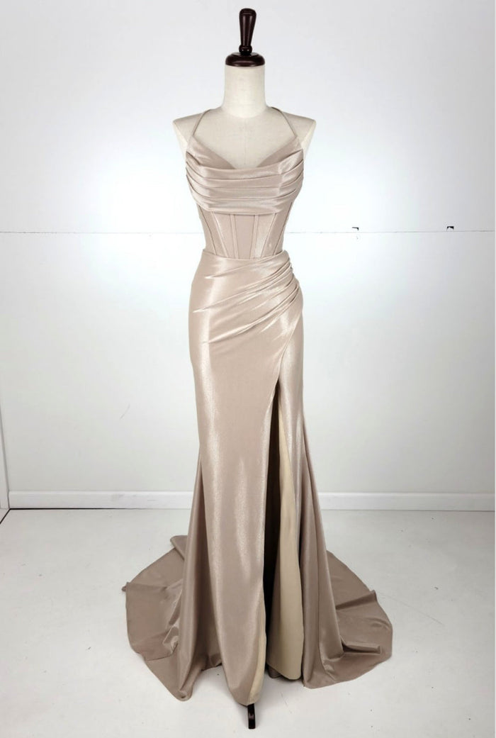 Chicas C326 Solid-Color Mermaid Spaghetti-Strap Long Corset High-Slit Fabric Dress
