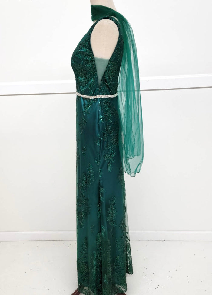 Chicas DM4026 Printed Evening Floral Floor-Length Beaded Embroidered Satin Dress