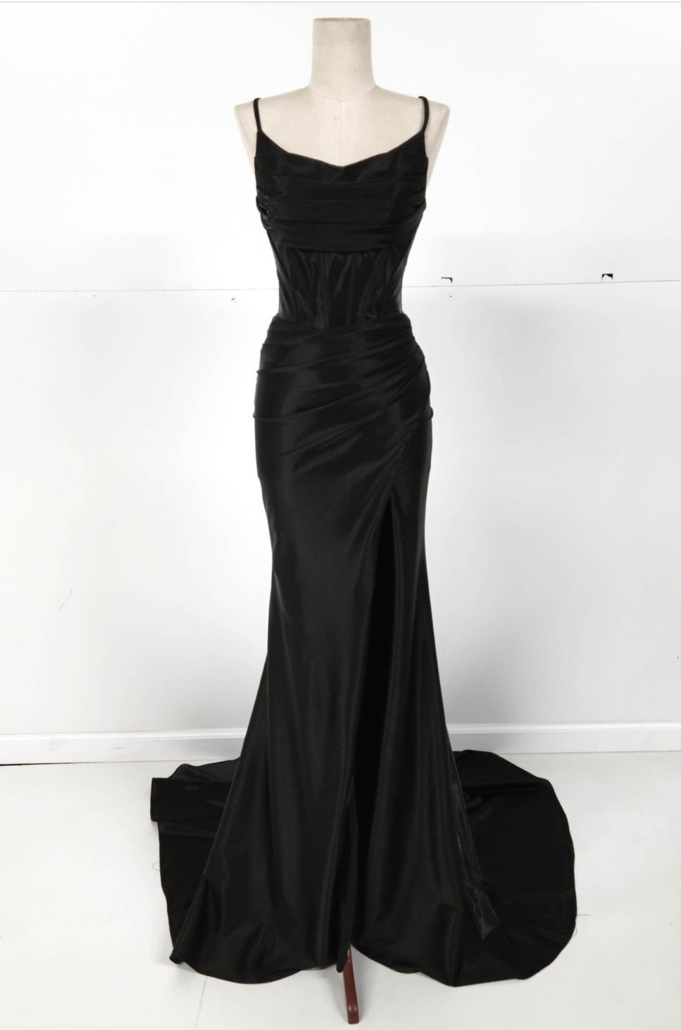 Chicas C326 Solid-Color Mermaid Spaghetti-Strap Long Corset High-Slit Fabric Dress